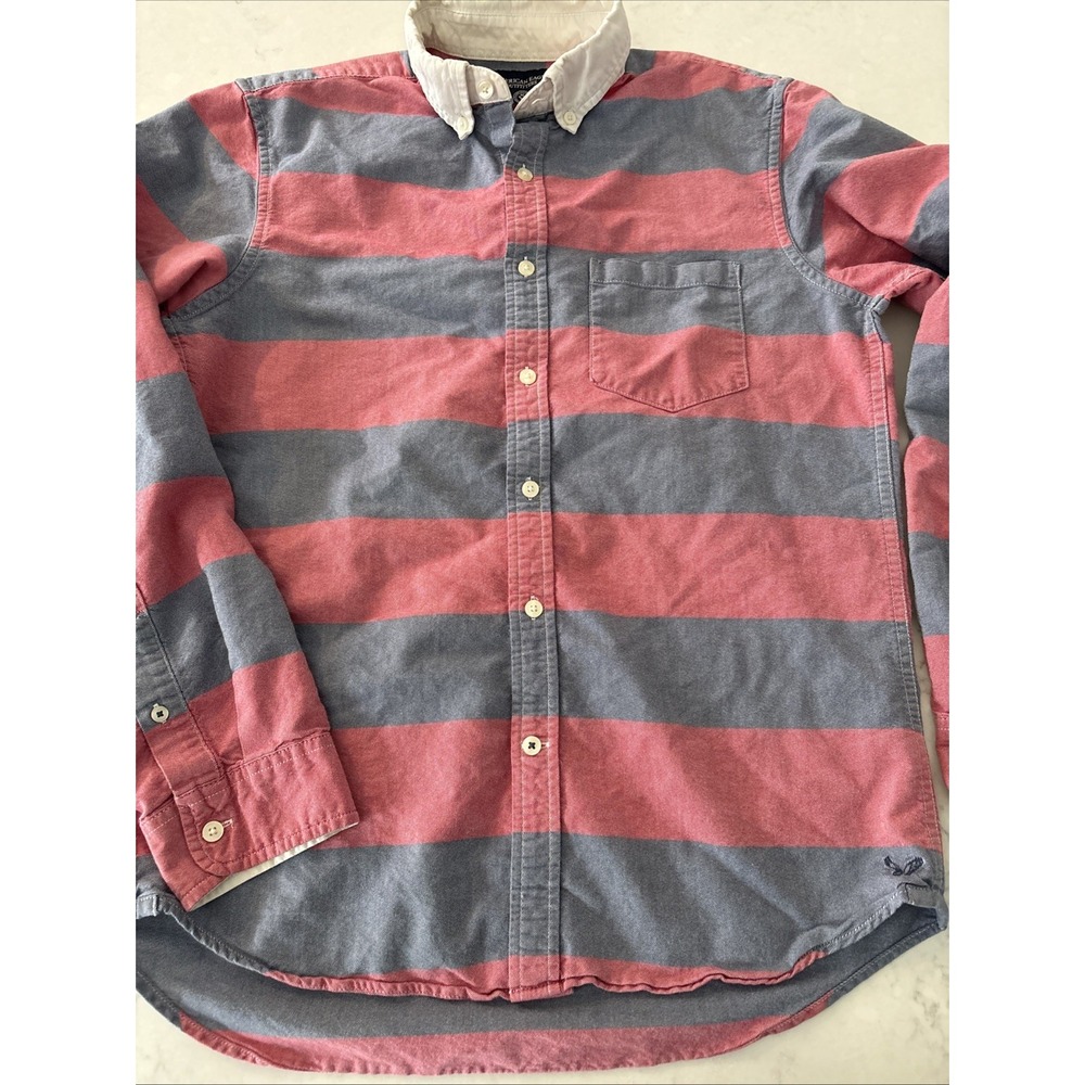 American Eagle Shirt Mens S Button Down Striped Long Sleeve Slim‎ Fit Chambray